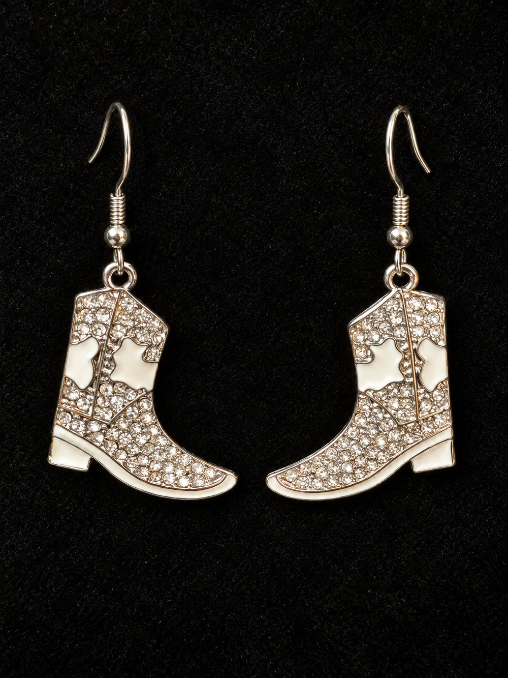 ⚜️ Cowboy Boot Dangle Earrings | Pavé Crystal & White Enamel | Silver-Tone 💗